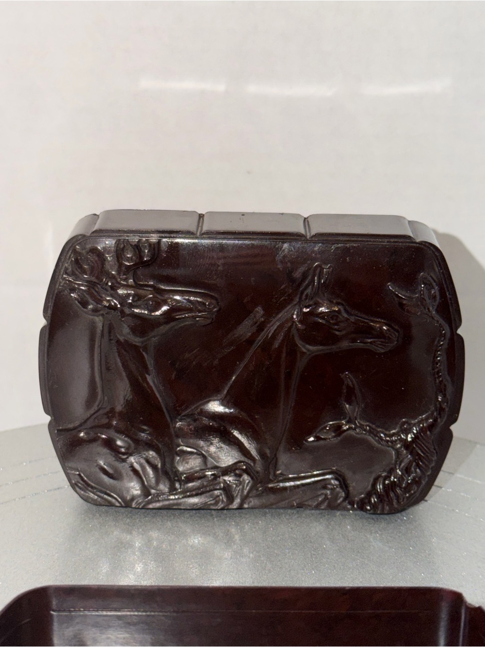 VTG Bakelite Trinket Box With Embossed Stag/Doe Brown 1940’s